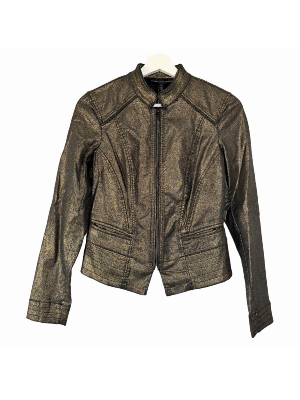 WHITE HOUSE BLACK MARKET Gold Black Metallic Coated Moto Jacket Size 2